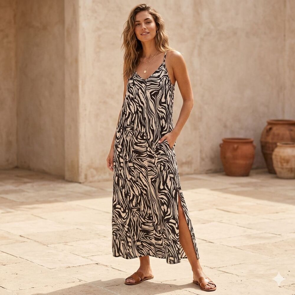Van Winkle & Co. Zebra Print Maxi Flowy Dress V-Neck Sleeveless Size Medium